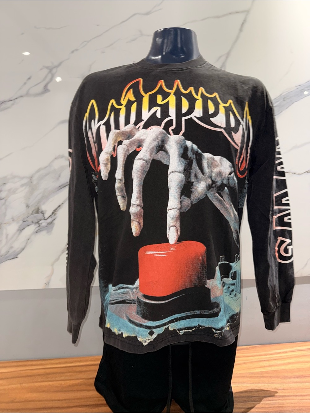 Godspeed Black Graphic Long-Sleeve Shirt with Red Button Motif